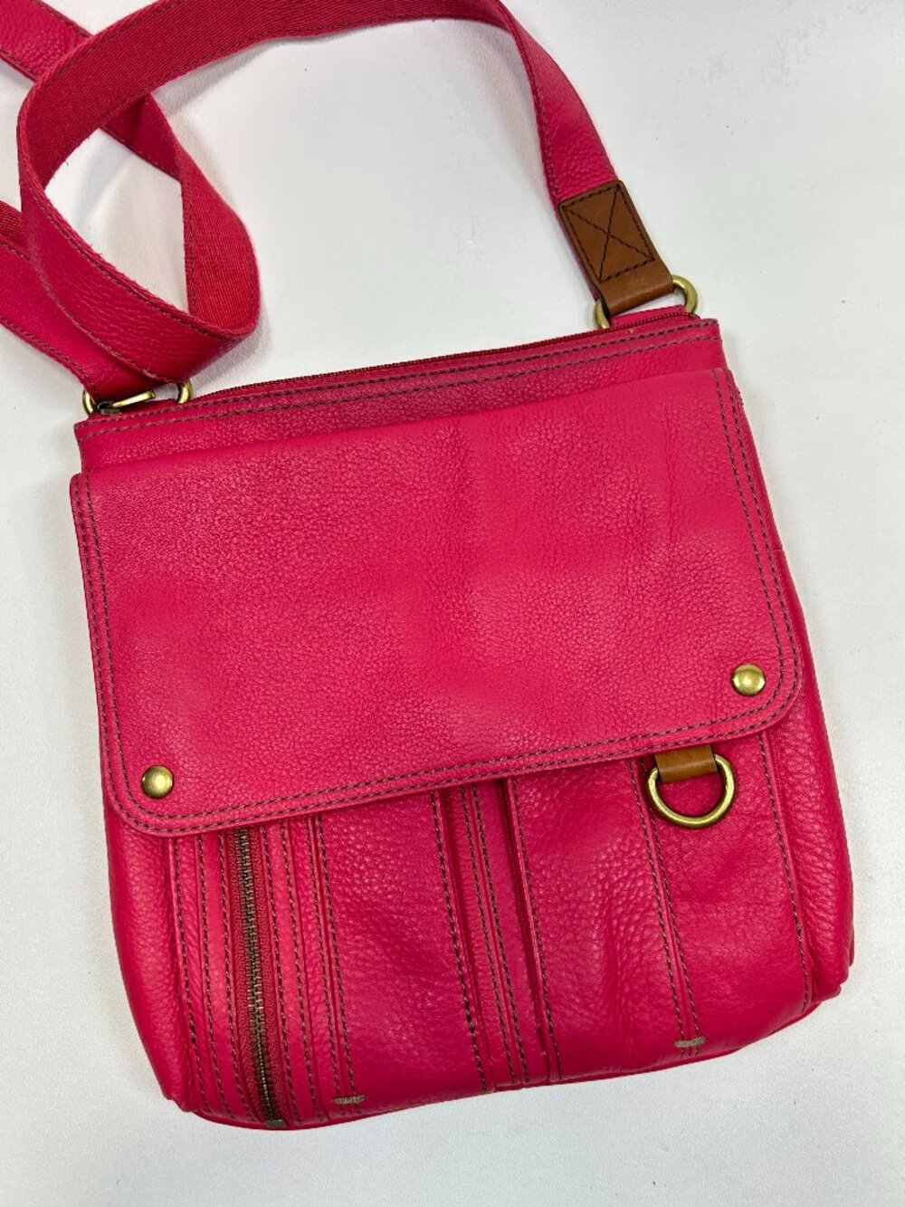 FOSSIL "MORGAN" Traveler Leather Messenger Crossbody Shoulder Bag Hot Pink